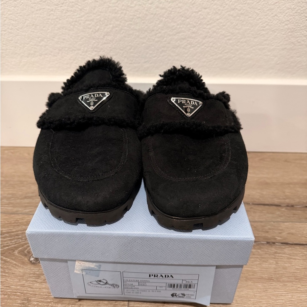 Prada Black Shearling Slides